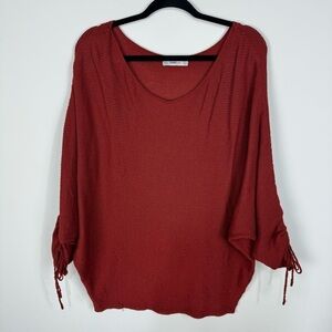 Zara knit red cinched sleeve bat wing dolman crewneck top lightweight sweater